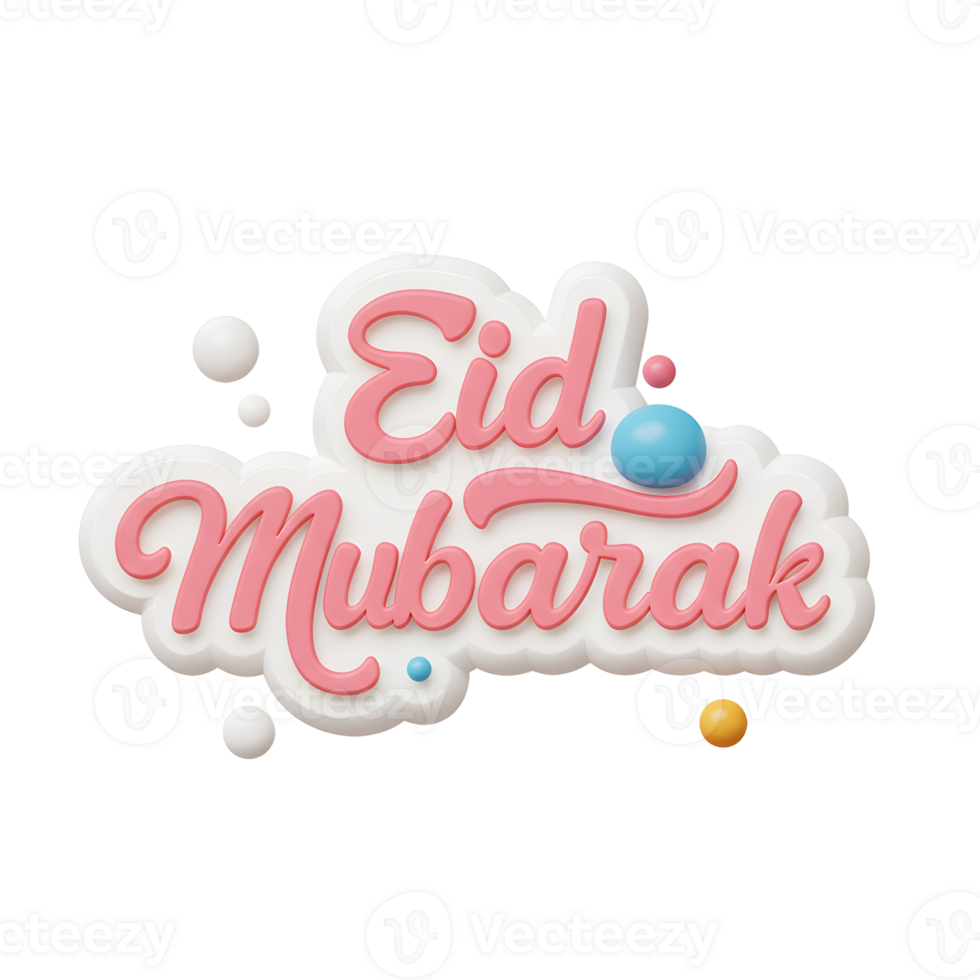 A cheerful Eid Mubarak greeting Pink script lettering pops against a white cloud-like background, accented by small colorful bubbles. Festive and fun png