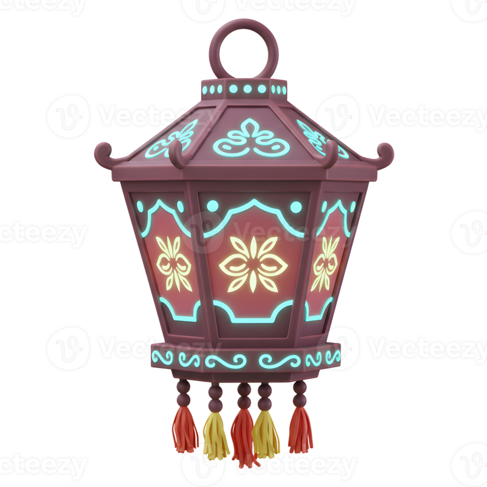 A charming, ornate lantern glows softly, its warm colors and intricate details creating a festive and inviting atmosphere. Intricate floral patterns and tassels add to its beauty. png