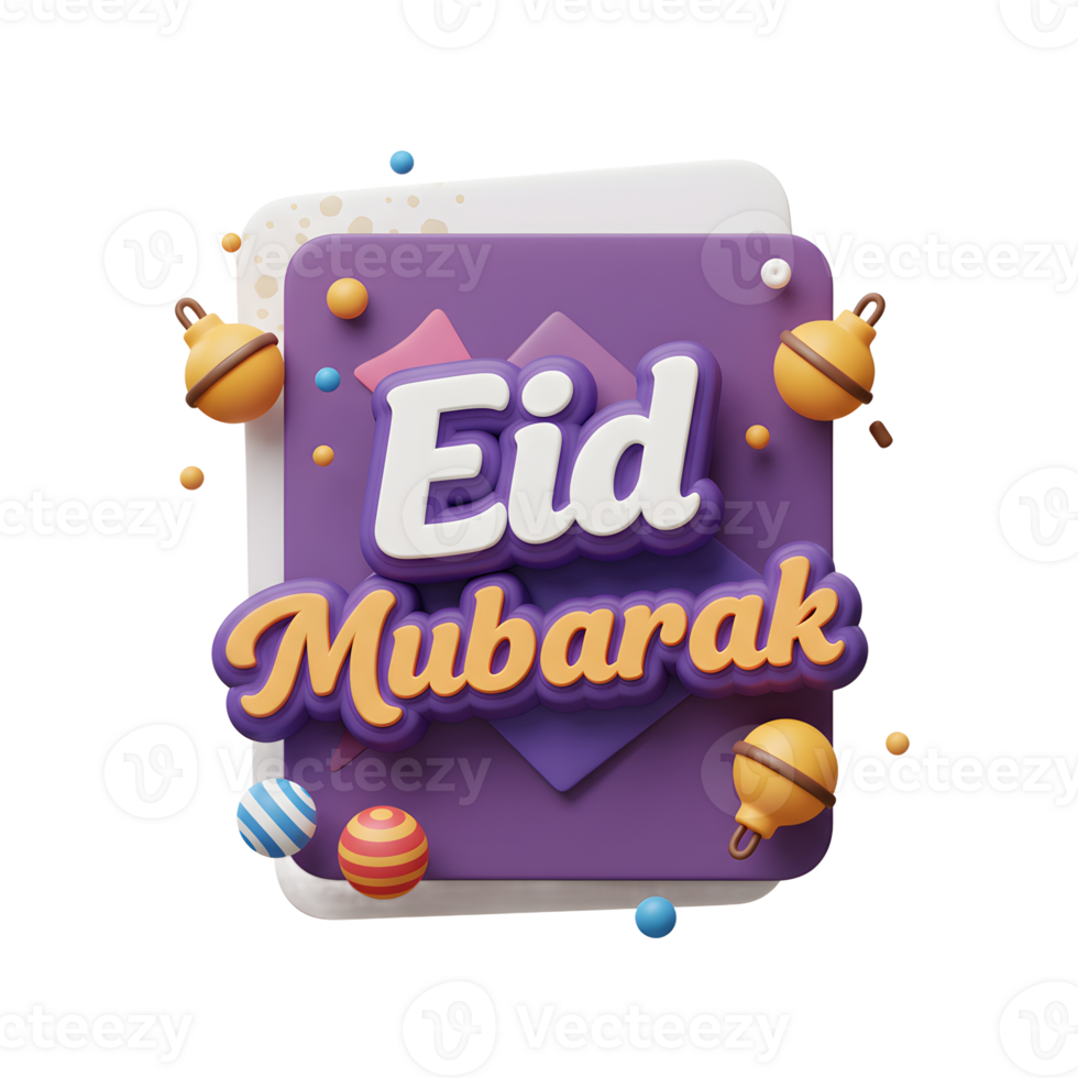 A cheerful Eid Mubarak message pops against a vibrant purple background, adorned with playful 3D ornaments and confetti, creating a festive and joyful mood. png