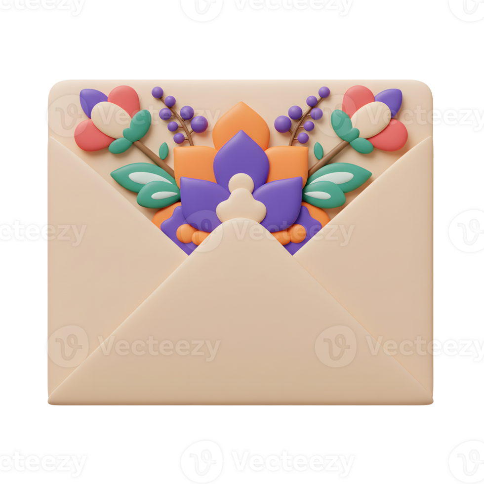 A charming 3D-rendered image shows a pale envelope adorned with cheerful pastel flowers. The vibrant blossoms add a touch of whimsy and spring. A lovely greeting card concept png