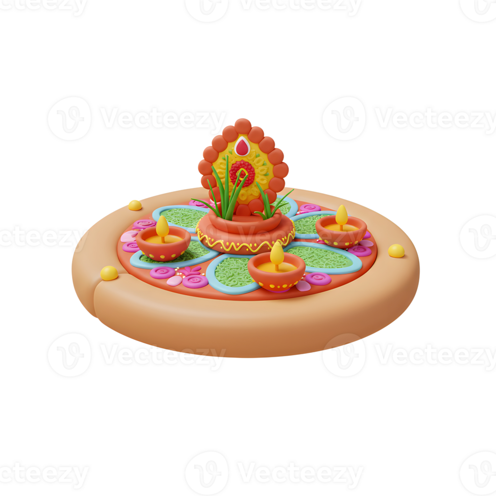 A delightful 3D rendering of a vibrant rangoli design featuring lit diyas, creating a warm and festive mood. Intricate details and cheerful colors shine png