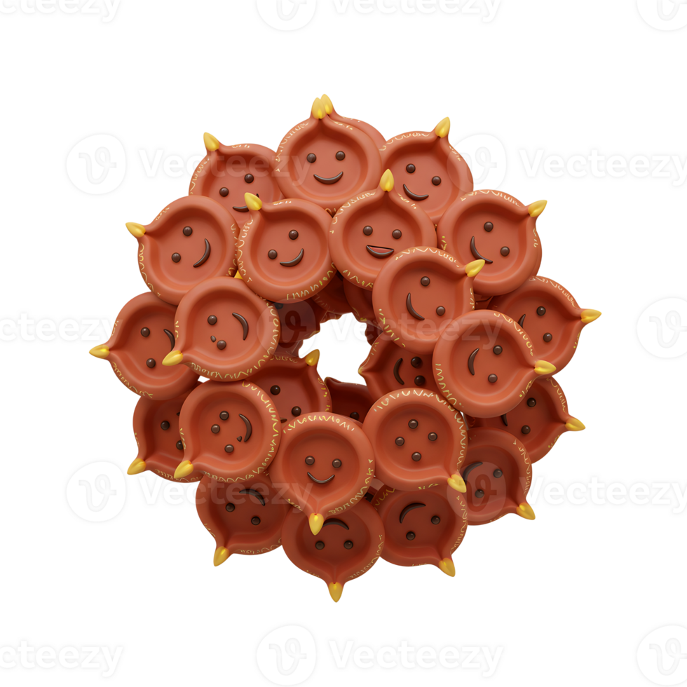 A delightful ring of smiling clay diyas, vibrant and festive, creates a joyful Diwali mood. Each diya beams with happiness, celebrating light and tradition. png