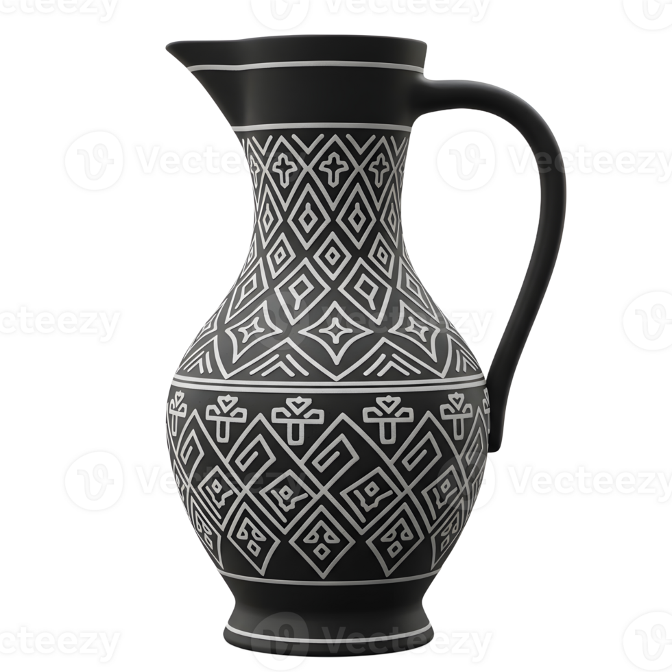 A striking black ceramic pitcher showcases a sophisticated geometric pattern. Its elegant shape and intricate design create a timeless and refined aesthetic. png