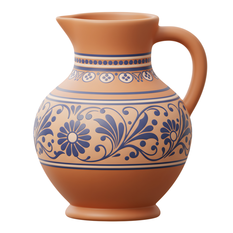 A charming terracotta pitcher, adorned with a delicate blue floral pattern, exudes rustic elegance. The warm tones and intricate details create a peaceful, inviting mood. png