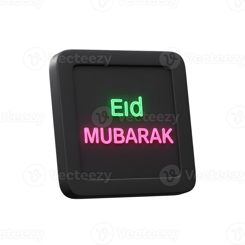 A sleek black signboard displays a vibrant 'Eid Mubarak' message in neon green and pink. The modern design creates a festive, celebratory mood. png