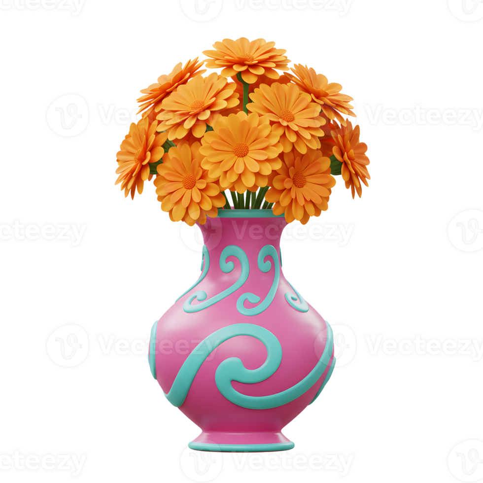 A cheerful bouquet of bright orange flowers sits in a stylish pink and teal vase. The whimsical design creates a joyful and playful mood. png
