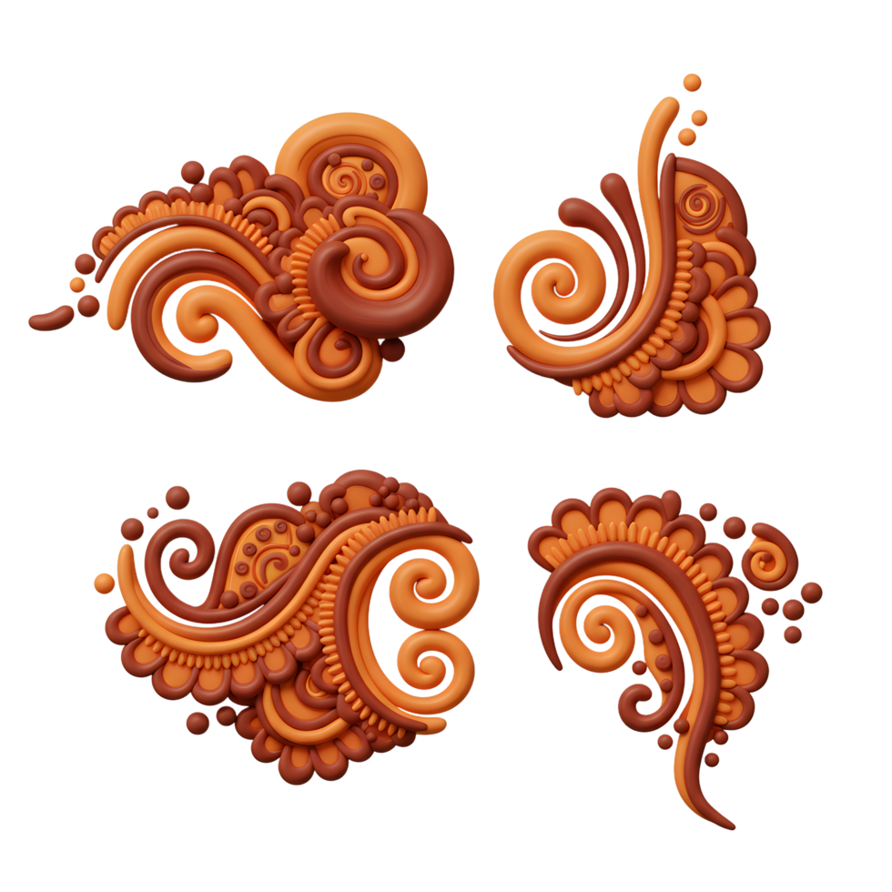 Intricate swirls in warm brown and orange clay create elegant, floral patterns. A charming and artistic collection of decorative elements. png