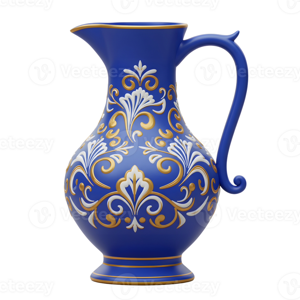A captivating cobalt blue pitcher adorned with intricate gold and white baroque floral patterns. Its elegant curves and detailed design create a luxurious and sophisticated feel. png
