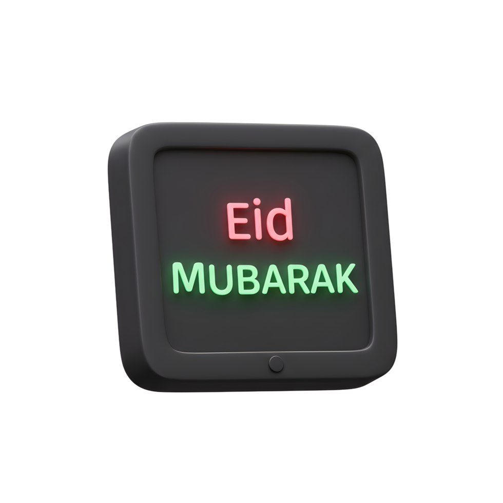 A stylish black frame displays a vibrant 'Eid Mubarak' message in neon pink and green. Simple, modern, festive png