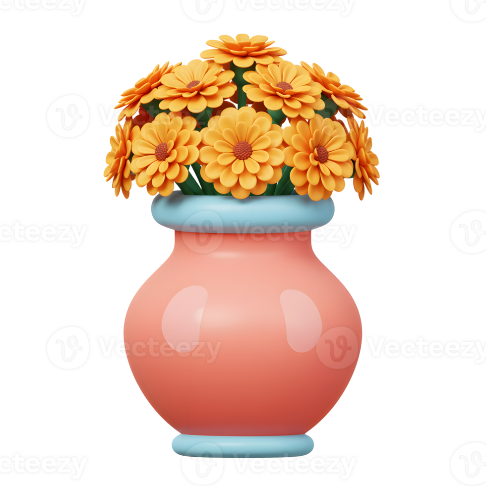 A delightful bunch of bright orange flowers sits in a charming pastel pink vase. The 3D style adds a whimsical touch, creating a cheerful and inviting scene. png