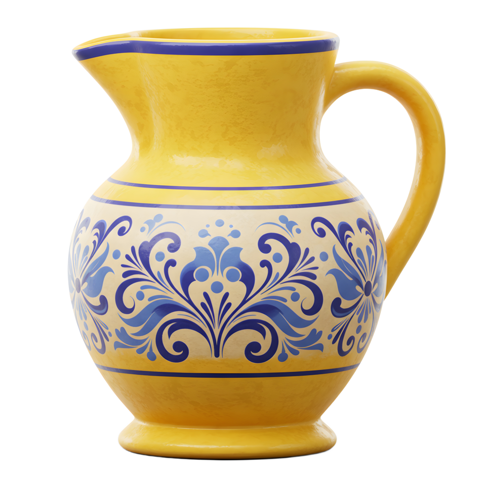 A charming yellow ceramic pitcher, adorned with a delightful blue floral pattern, evokes a rustic Mediterranean feel. Its elegant curves and handcrafted style create a warm, inviting atmosphere. png