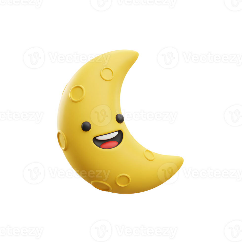 A cheerful yellow crescent moon smiles brightly, its craters adding to its charming 3D cartoon style. Sweet and playful png
