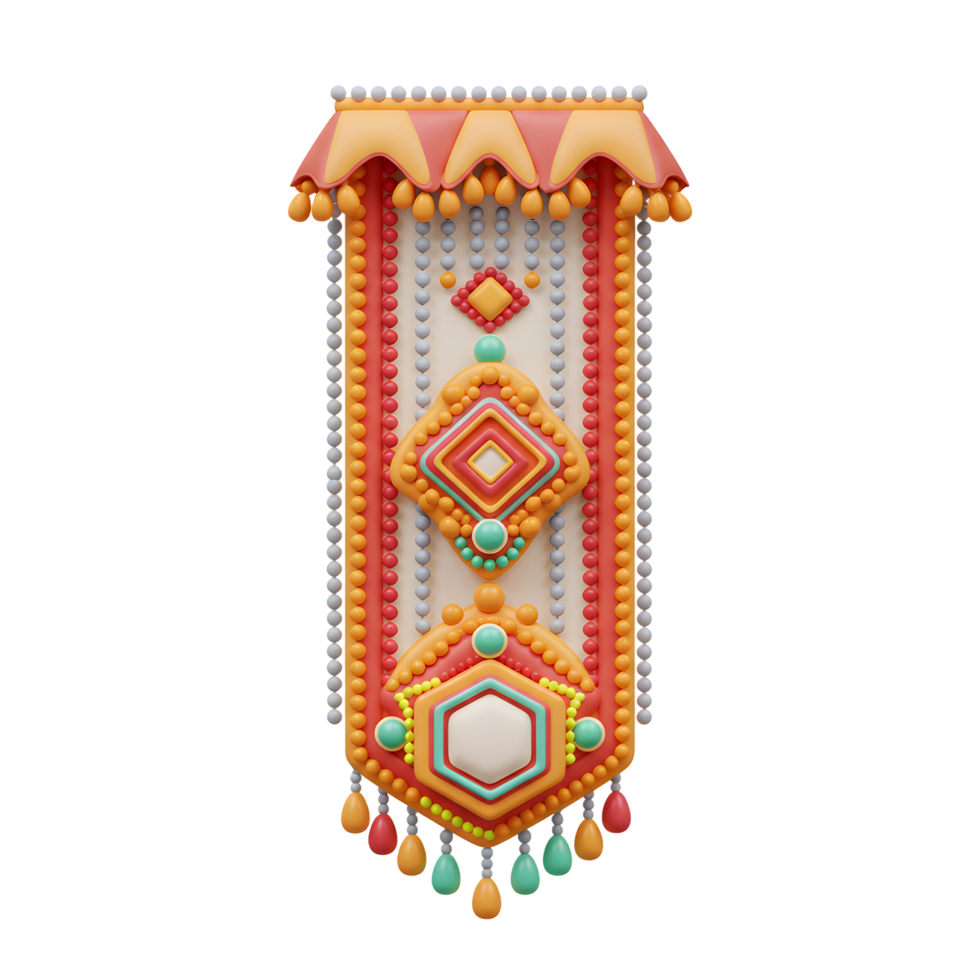A cheerful, colorful tapestry boasts geometric patterns and beaded accents. Warm tones and playful shapes create a joyful, whimsical mood. png