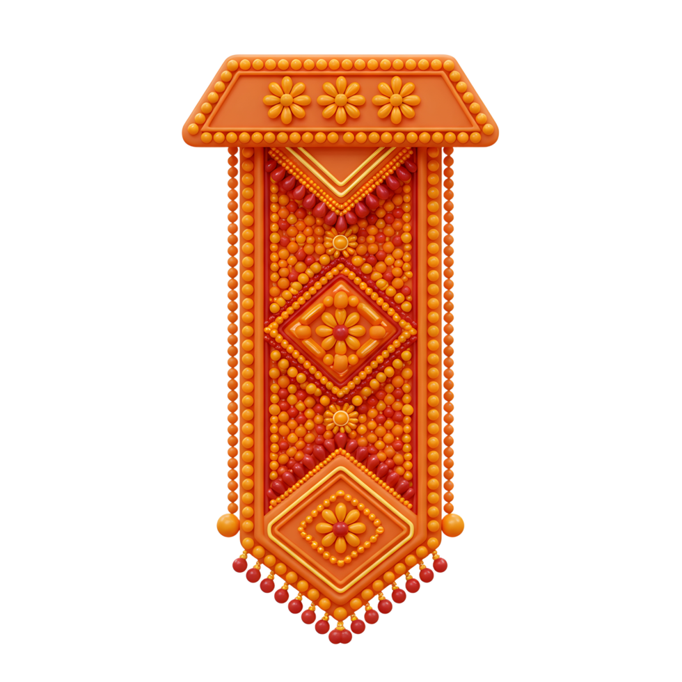 A vibrant orange and red beaded tapestry, showcasing intricate geometric patterns and floral motifs. Its warm, cheerful design evokes a sense of handcrafted artistry. png