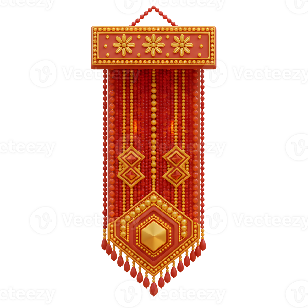 A stunning wall hanging, adorned with rich red beads and golden accents. Intricate geometric patterns and floral details create a luxurious and elegant feel. png
