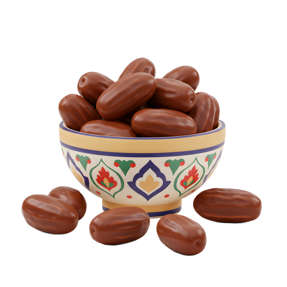 A vibrant bowl brimming with dates, their rich brown tones accentuated by the colorful, patterned bowl. The scene evokes warmth and a sense of abundance. png