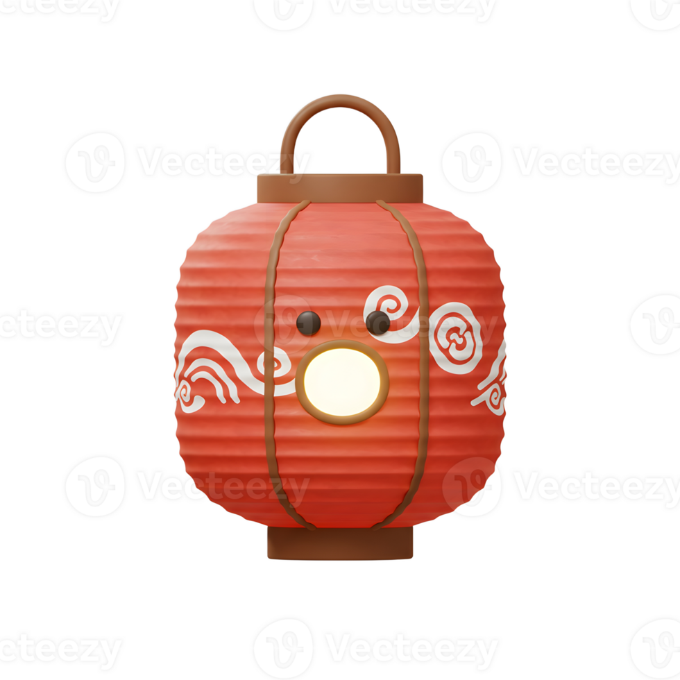 A delightful 3D-rendered red lantern glows softly, adorned with whimsical cloud designs. Its cheerful face adds a touch of playfulness to this festive Asian-inspired art. png