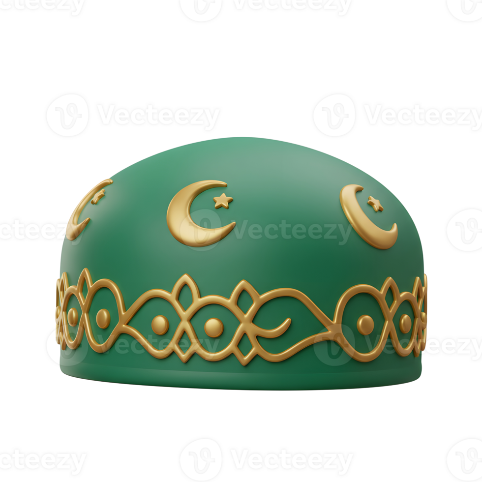 A sophisticated green kufi cap adorned with golden crescent moons and intricate detailing. The smooth texture and rich colors evoke a sense of elegance and serenity. png