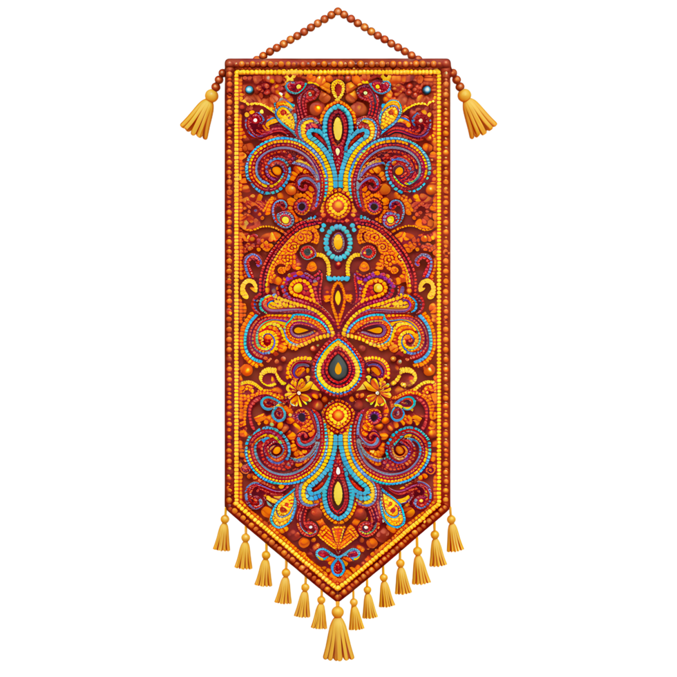 A vibrant tapestry hangs, showcasing an intricate autumnal floral design. Warm oranges, reds, and blues shimmer in a dazzling beaded pattern, creating a rich, luxurious feel. png
