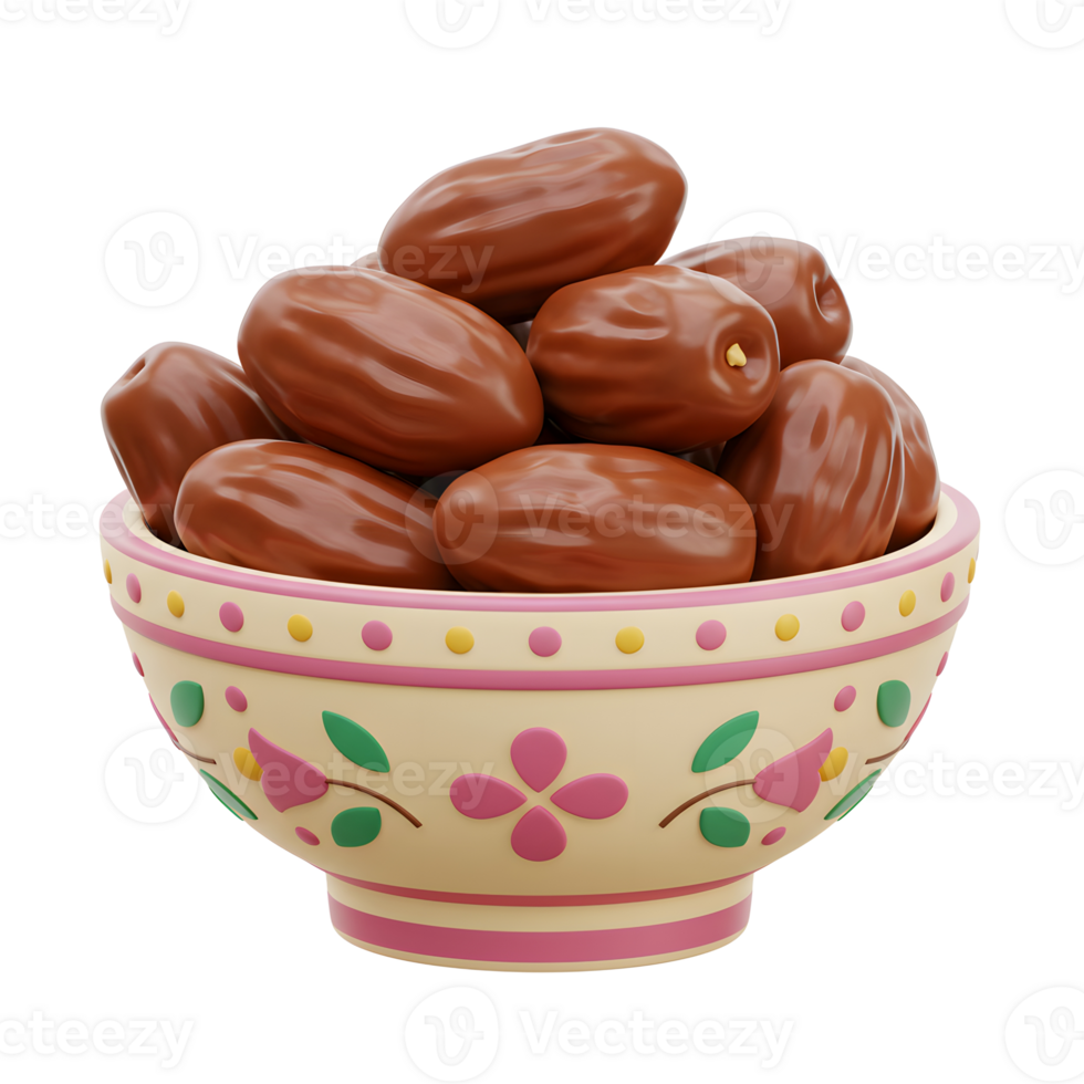 A charming bowl, adorned with floral designs, overflows with plump, glossy dates. Warm, inviting, and subtly sweet. png