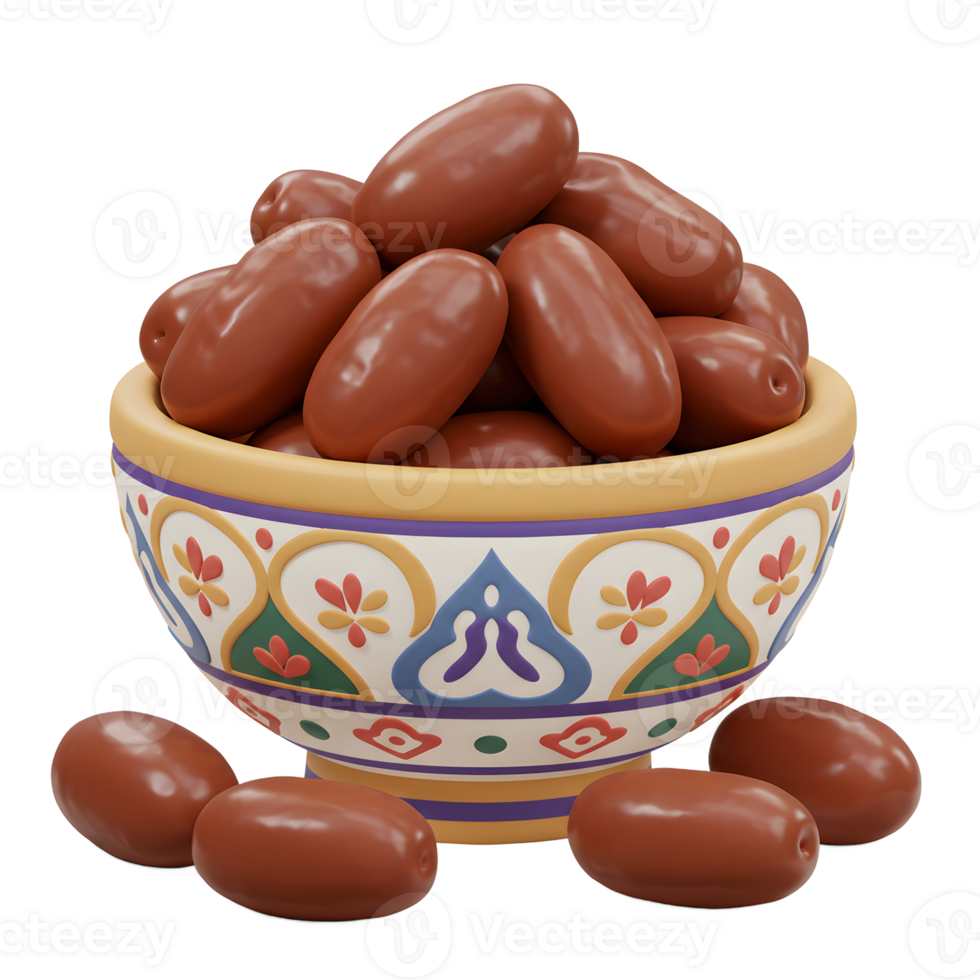 A vibrant bowl, adorned with intricate patterns, overflows with plump, glossy dates. The warm colors and rich textures create a delightful and inviting scene. png