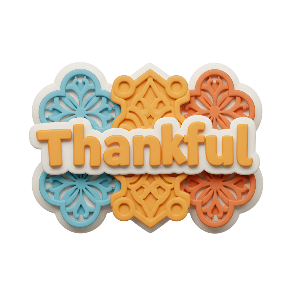 Warm, autumnal hues adorn this cheerful 3D rendering. The word 'Thankful' is presented in a celebratory, textured style, surrounded by intricate floral patterns. A heartwarming, festive feel. png