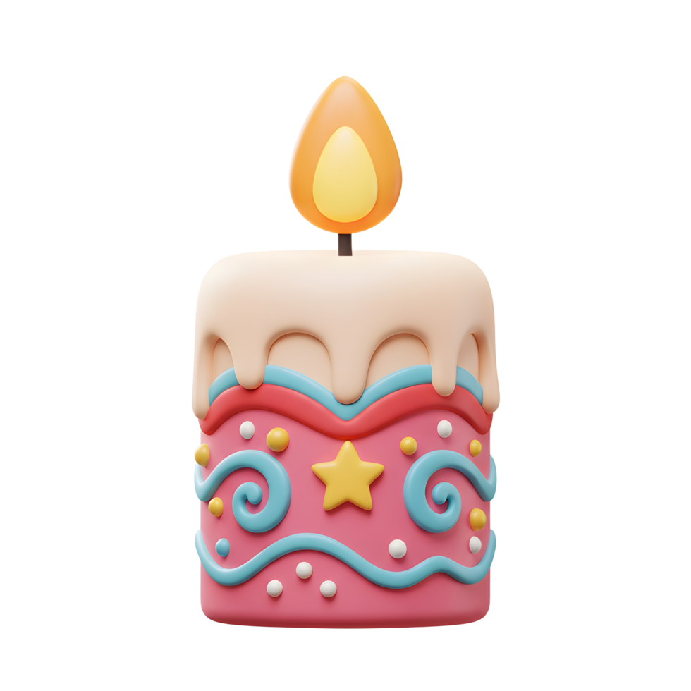 A charming, lit candle in cheerful pastel colors boasts a whimsical design. Its melting wax and playful patterns create a festive mood. png
