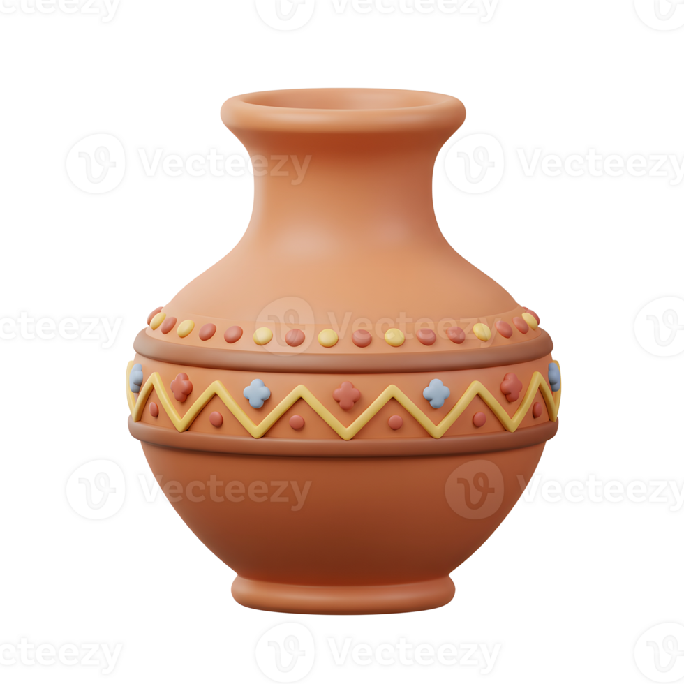 A charming terracotta vase, adorned with a whimsical, hand-painted design, sits against a pure white background. Its warm tones and simple elegance evoke a sense of rustic charm. png