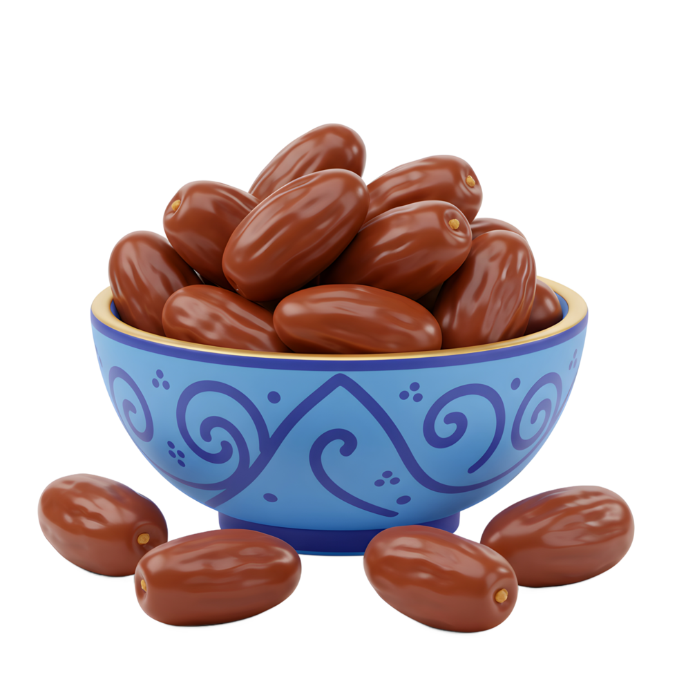 A blue and gold bowl overflows with plump, glistening dates. The rich brown of the fruit contrasts beautifully with the vibrant bowl, creating a warm and inviting image. png