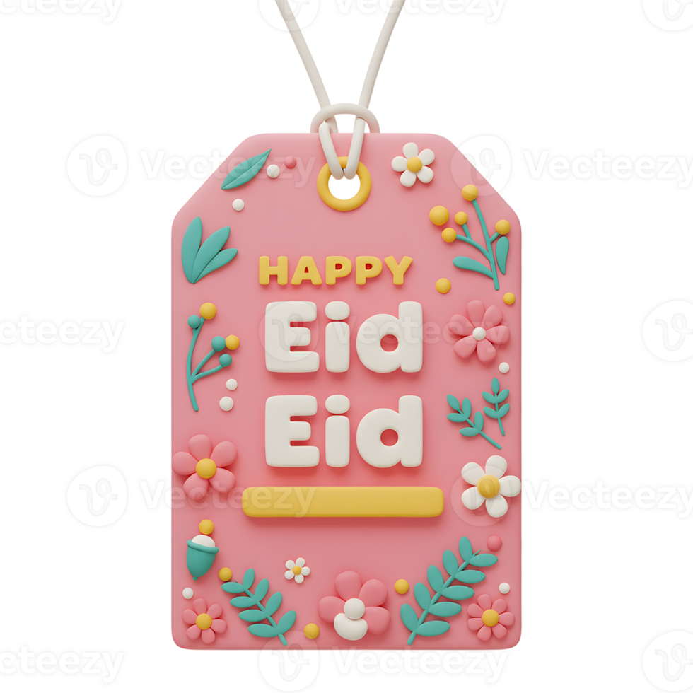A charming pink tag wishes a Happy Eid Pretty 3D flowers and leaves surround the message, creating a festive and joyful mood. png