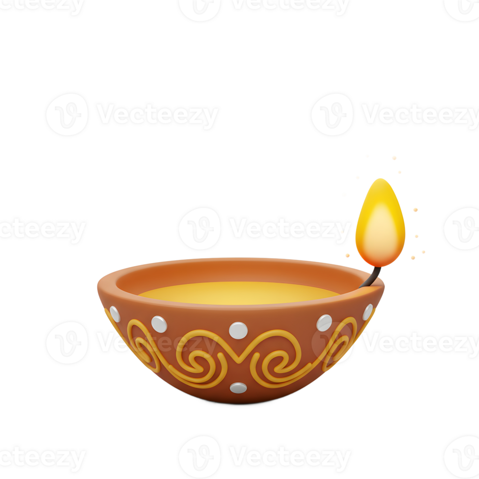 A warm, inviting glow emanates from this ornate clay diya, its yellow oil shimmering, ready to light up the festivities. Intricate swirls and dots adorn its surface. png