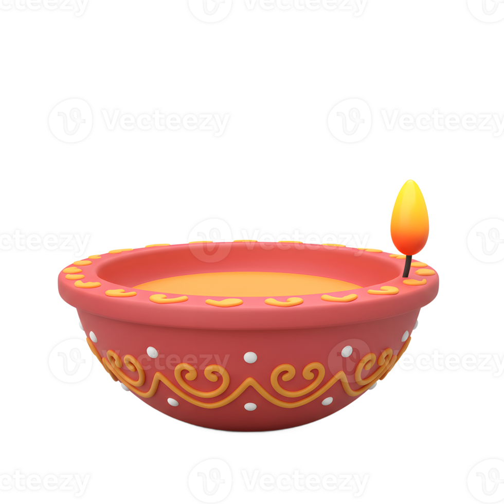 A charming, 3D-rendered diya glows warmly, its coral bowl adorned with swirling, yellow patterns. A cheerful, festive mood. png