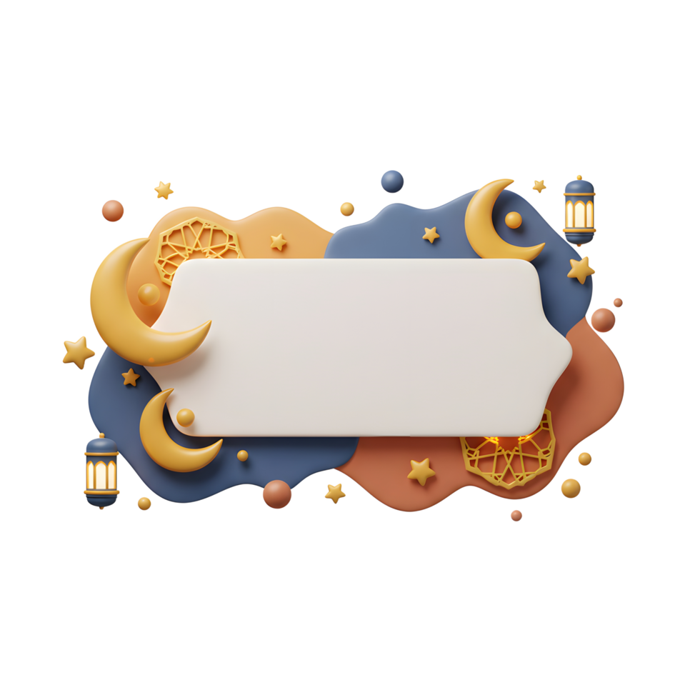 Celebrate Ramadan with this charming banner Crescent moons, stars, and glowing lanterns dance on a dreamy, abstract background, creating a warm and inviting festive mood. png