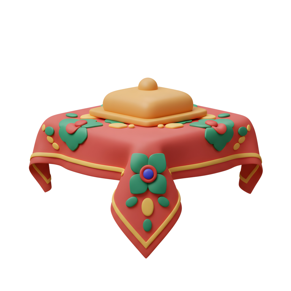 A cheerful, 3D-rendered scene shows a small square table adorned with a vibrant tablecloth featuring colorful floral designs. A golden covered dish sits atop, adding to the playful mood. png