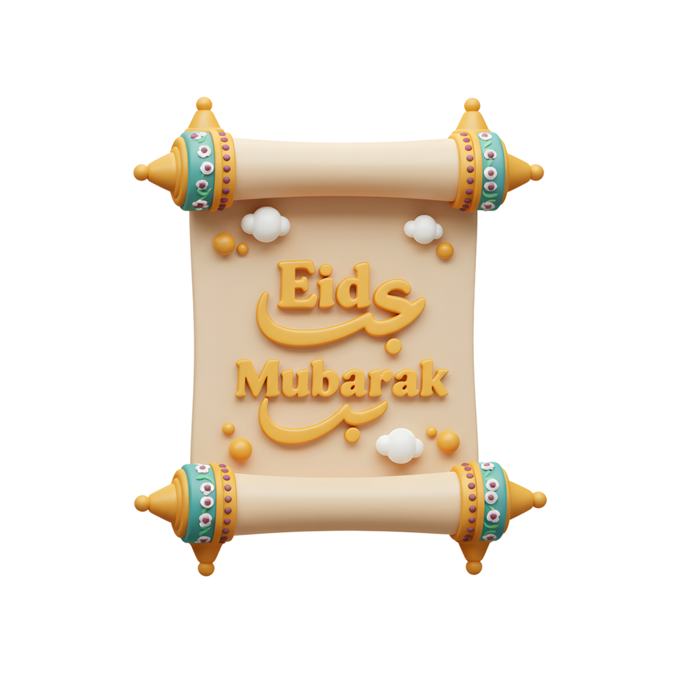 A charming 3D rendered scroll displays a warm Eid Mubarak message. Pastel colors and ornate detailing create a festive, joyful mood. png