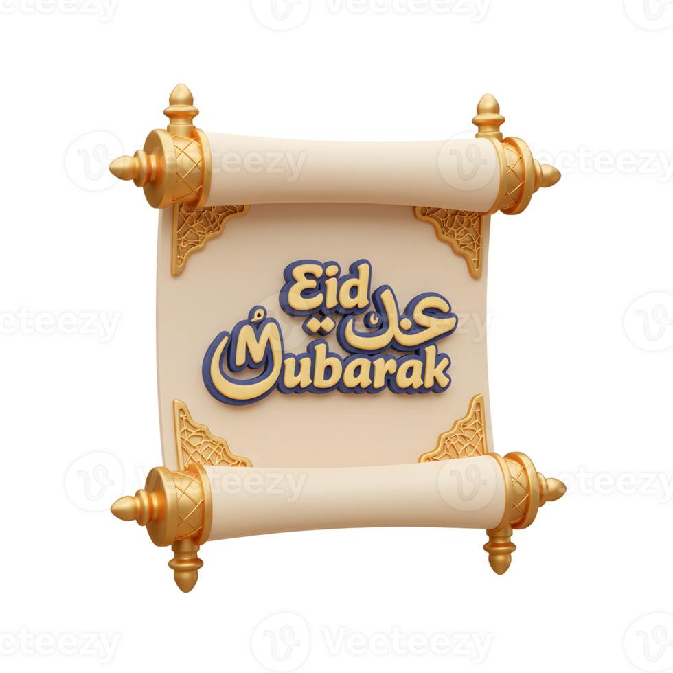 A regal scroll unfurls, revealing exquisite gold and navy Eid Mubarak calligraphy. Elegant, festive, and perfect for celebrations png