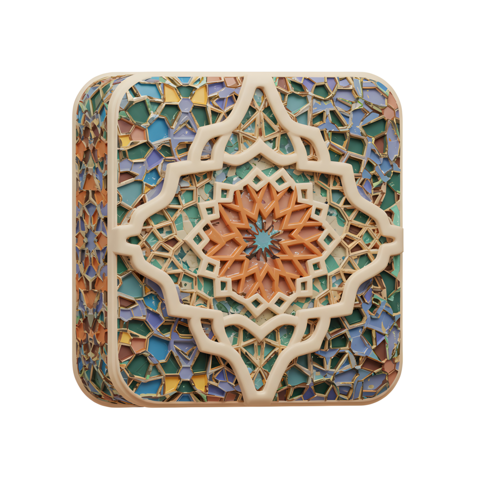 A captivating square tile showcases a mesmerizing blend of colors and textures. Intricate Islamic geometric patterns are framed by a cream border, creating a rich, warm mood. png