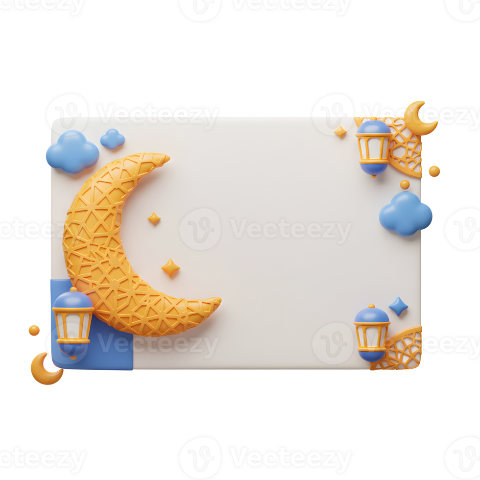 Delightful 3D render featuring a golden crescent moon, blue lanterns, and fluffy clouds against a white background, perfect for Ramadan or Eid celebrations. A serene and festive mood. png