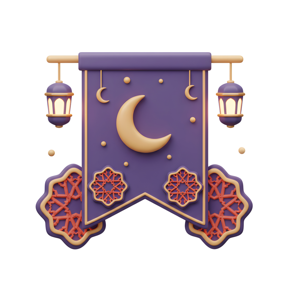 A charming 3D Ramadan banner features a golden crescent moon on a rich purple background, flanked by glowing lanterns and ornate geometric details. A serene and festive mood. png