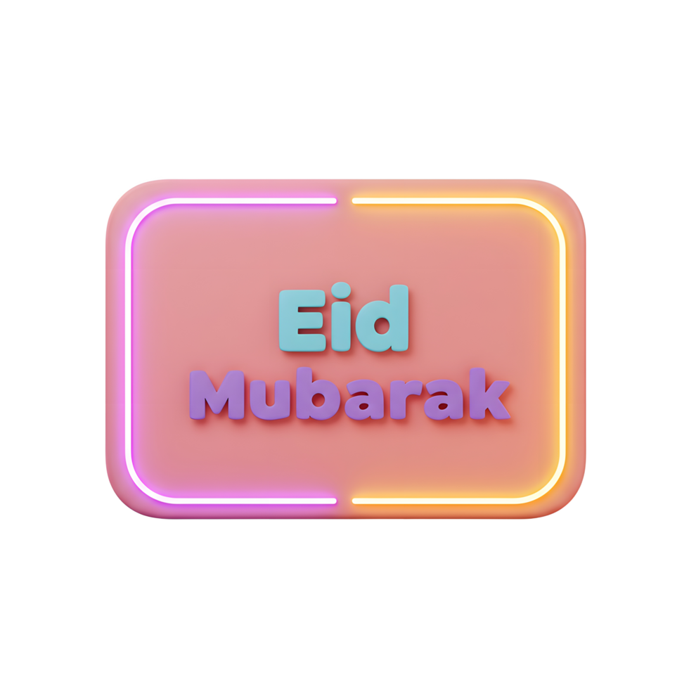 A cheerful Eid Mubarak greeting stands out against a soft pink background, framed by a vibrant neon border. The pastel colors create a joyful and festive mood. png