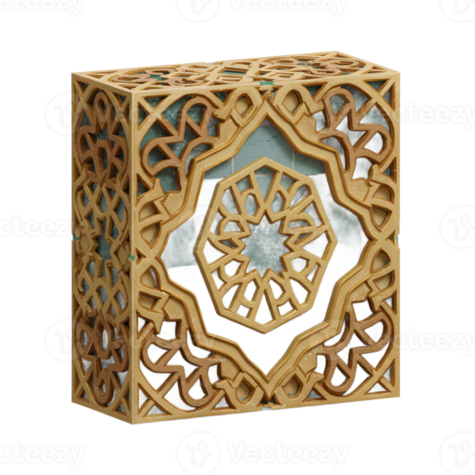 Ornate Carved Cube with Geometric Patterns and Blue Tile Inlays png