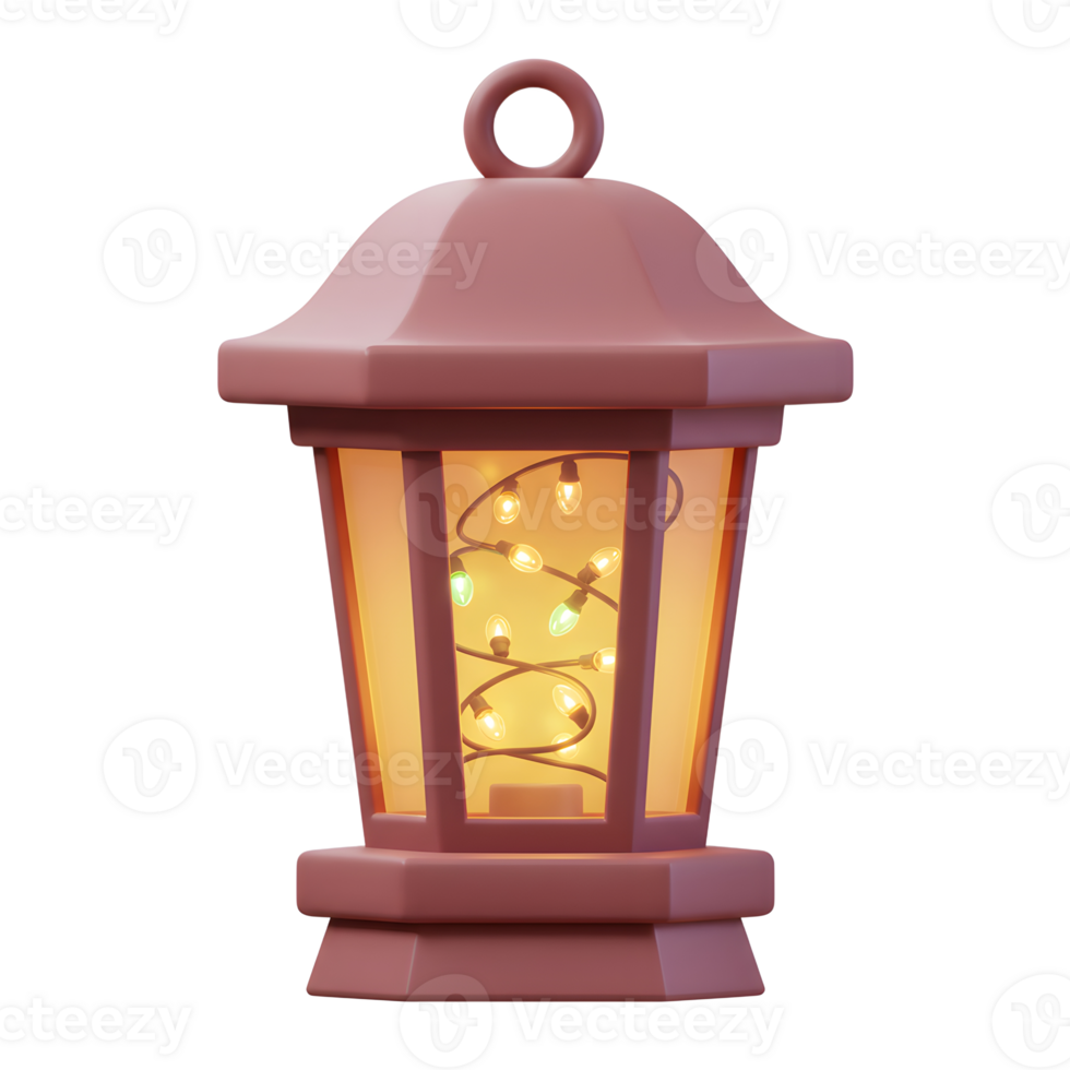 A charming mauve lantern glows warmly, illuminated by a whimsical string of lights. Cozy and festive, perfect for holiday decor. png