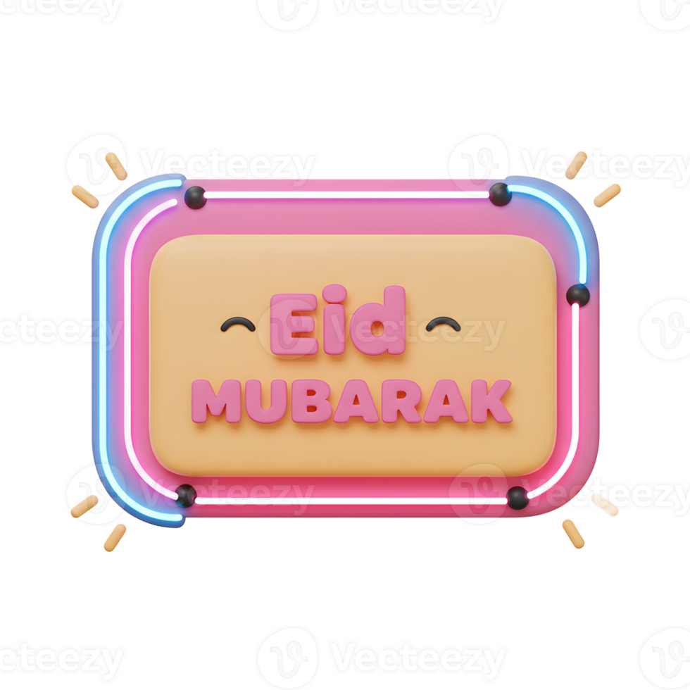 A cute 3D rendered Eid Mubarak sign glows with pink and blue neon, bringing festive cheer. Simple, joyful design. png