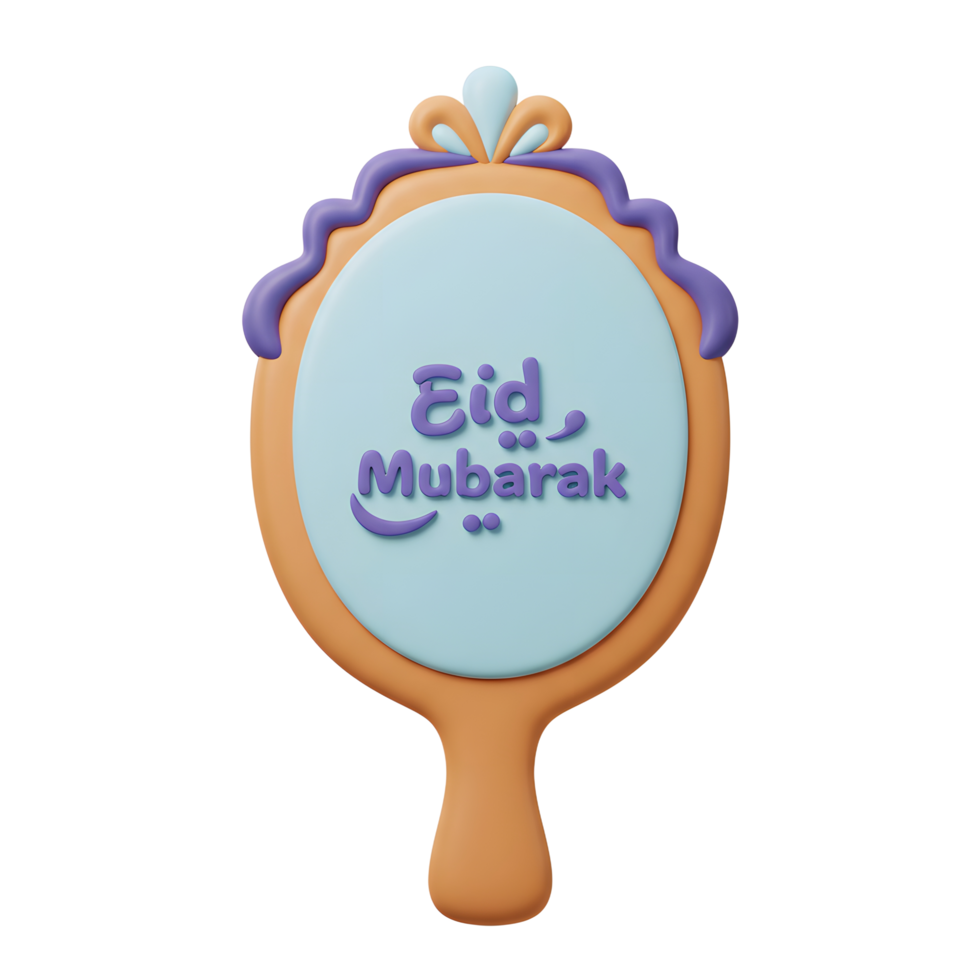 A charming 3D-rendered hand-painted mirror displays a cheerful Eid Mubarak greeting. Pastel colors and a playful style create a festive mood, perfect for celebrations. png