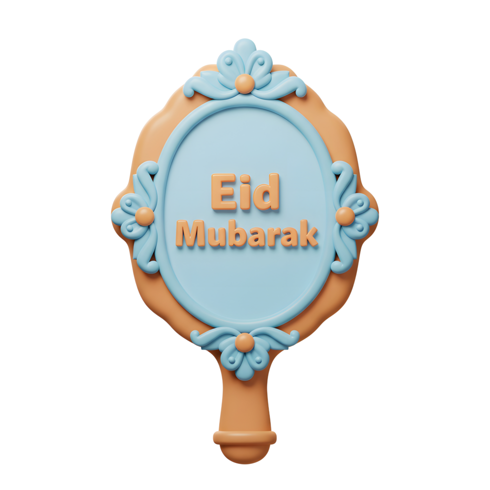 A charming pastel-colored hand mirror displays 'Eid Mubarak'. Delicate floral details and a soft blue and orange palette create a festive mood. png