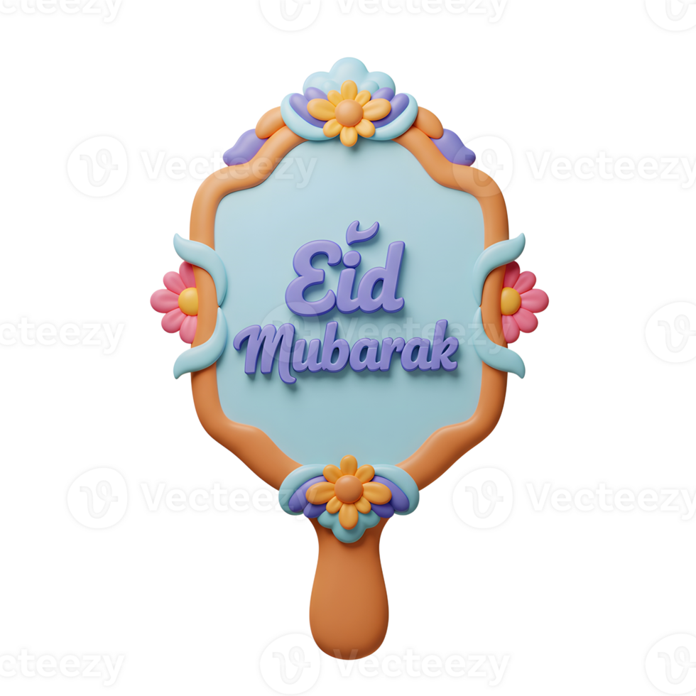 A charming pastel-colored hand mirror features a cheerful 'Eid Mubarak' message, adorned with vibrant 3D flowers. Sweet and festive png