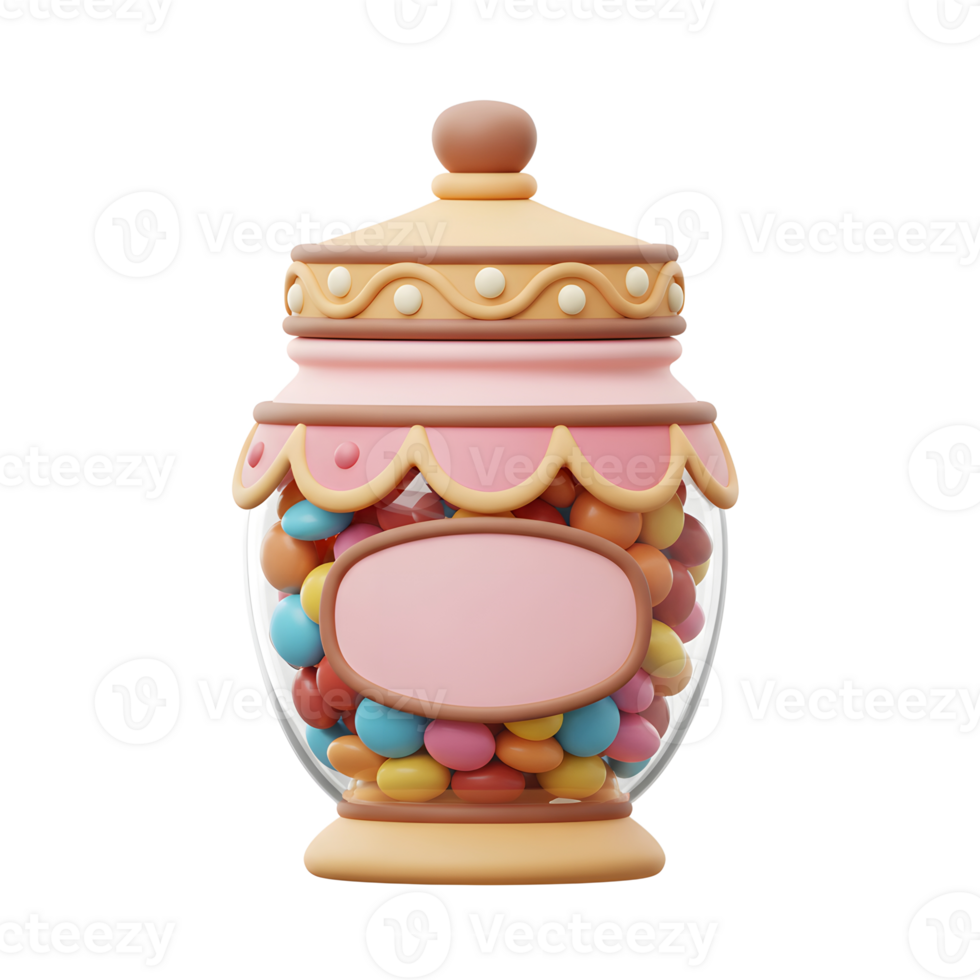 A delightful candy jar, adorned with pastel colors and whimsical details, overflows with vibrant sweets. The cheerful scene evokes a sweet and playful mood. png