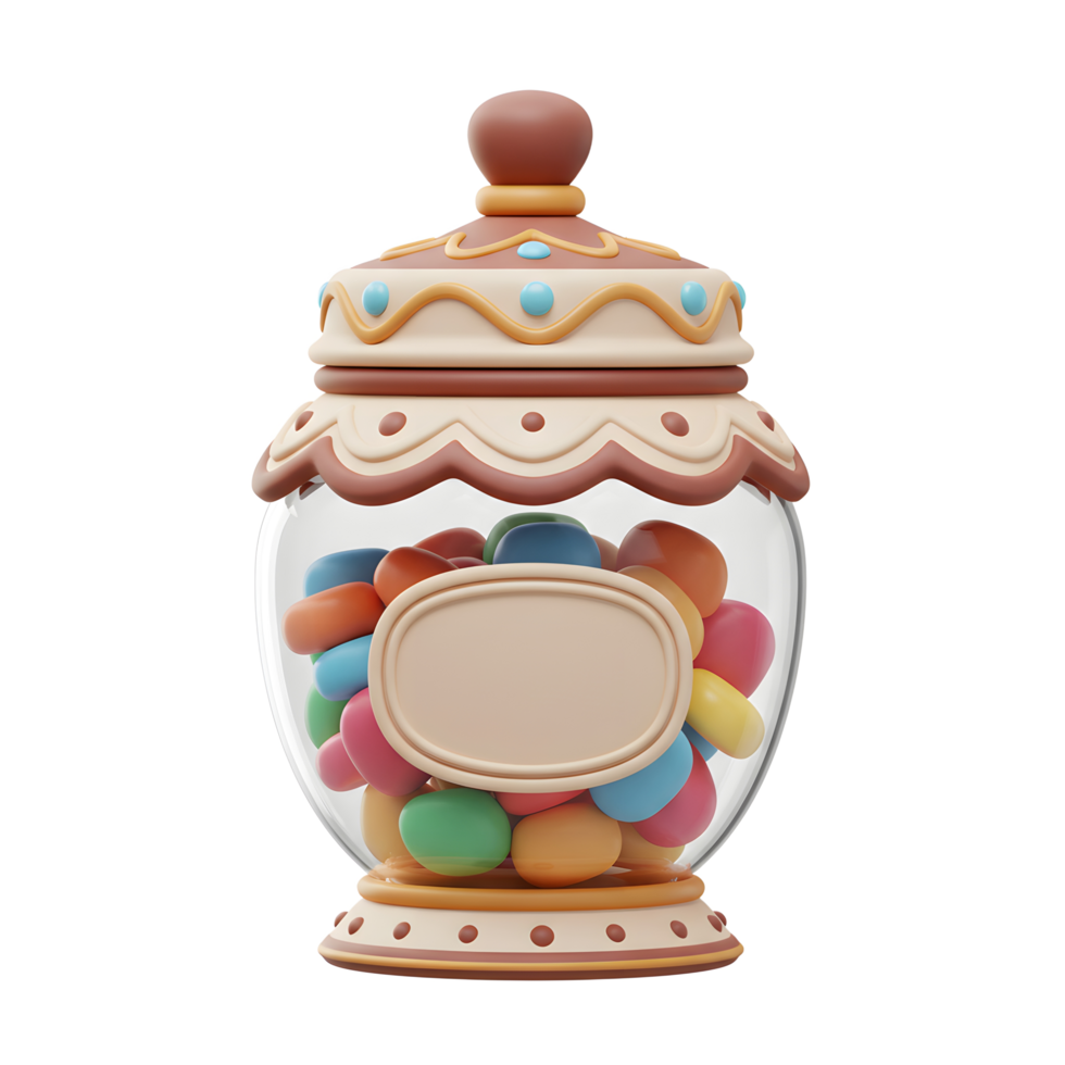 A delightful glass jar, adorned with whimsical details, overflows with colorful candies. Its charming design and sweet contents evoke a playful, joyful mood. png