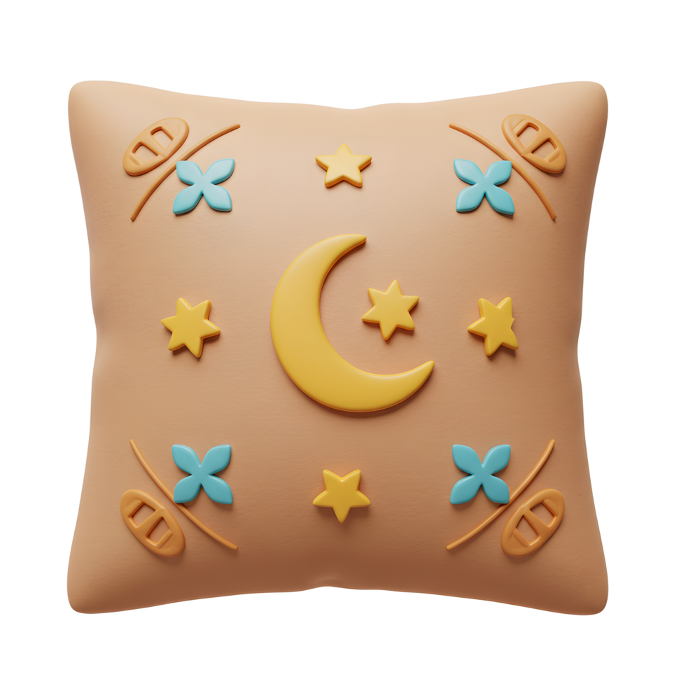 A delightful, peach-toned pillow features a whimsical moon, stars, and flowers in soft pastels. Sweet dreams are made of this png