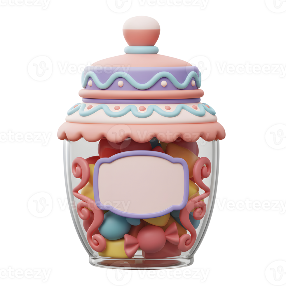A charming glass jar, adorned with pastel-colored icing and filled with vibrant candies, evokes a sweet and playful mood. The blank label adds a personal touch. png